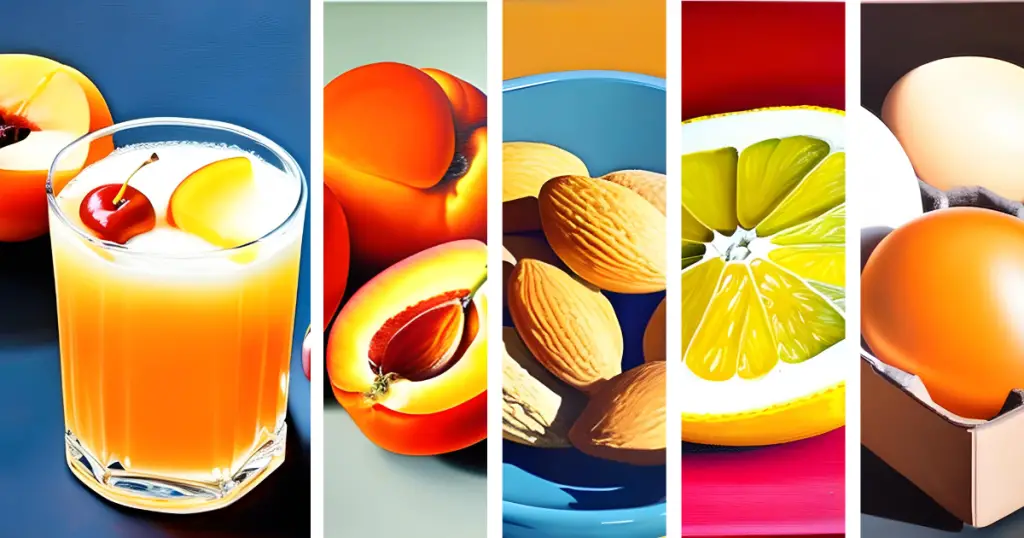 Stylized collage of an 'Apricot Tart' apricot almond sour and its ingredients: apricot, almonds, lemon and eggs.