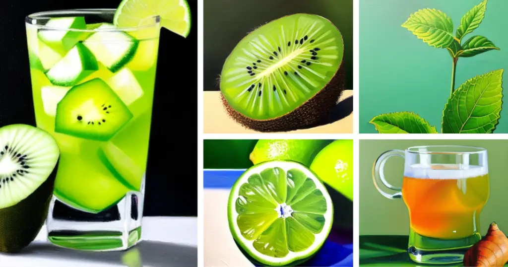 Stylised collage of a Kiwi-osity mocktail and its ingredients: kiwi, mint, lime and ginger ale.