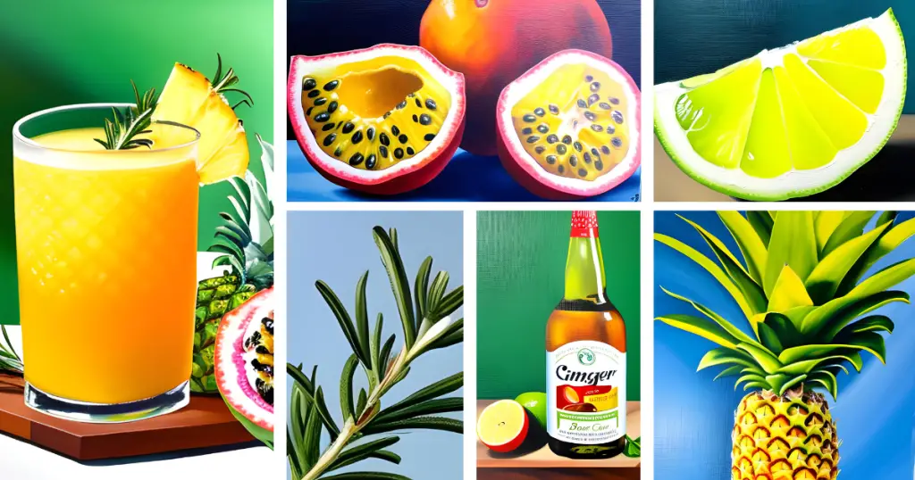 Stylized collage of a Pineapple Passion -pineapple, passion fruit, and ginger beer crush - and its ingredients: passion fruit, rosemary, ginger beer, lime and pineapple.