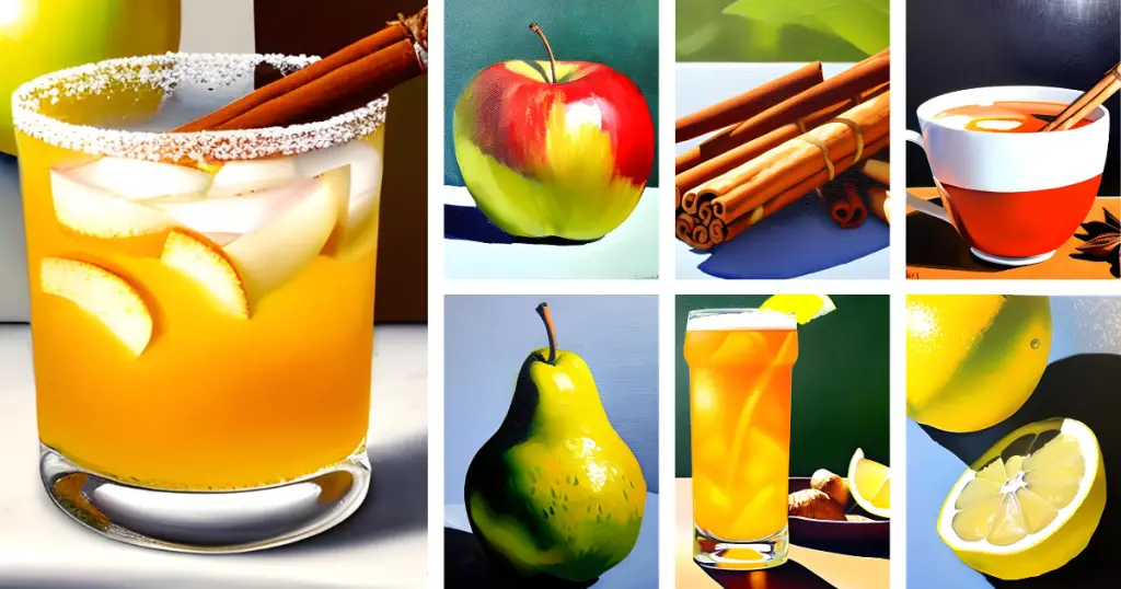 Stylized collage of an Apple Pie - spiced apple and pear mocktail - and its ingredients: apple, pear, cinnamon, ginger beer, lemon and chai tea.