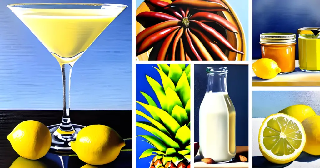 Stylized collage of a Luscious Lemon, alcohol-free lemon curd martini, and its ingredients: vanilla, pineapple, almond milk, lemons, and lemon curd.