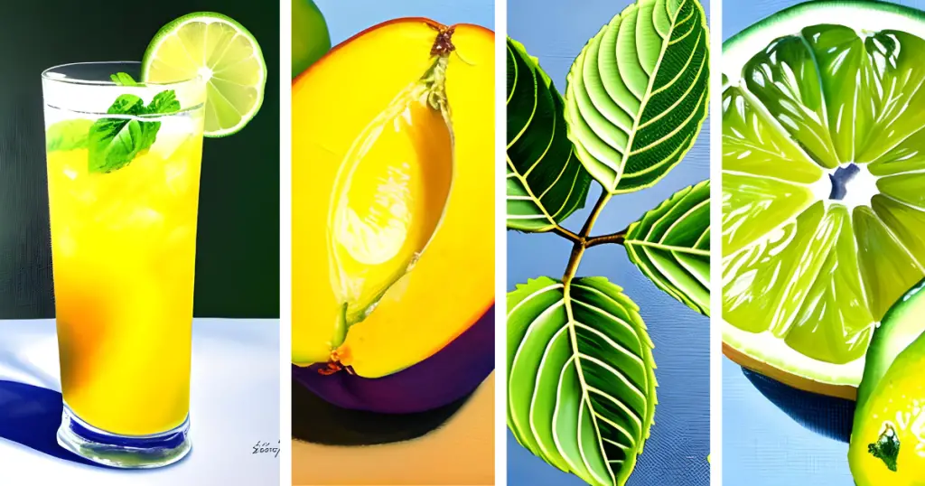 Stylized collage of a Mang-Mo, alcohol-free mango mojito, and its ingredients: mango, mint and lime.