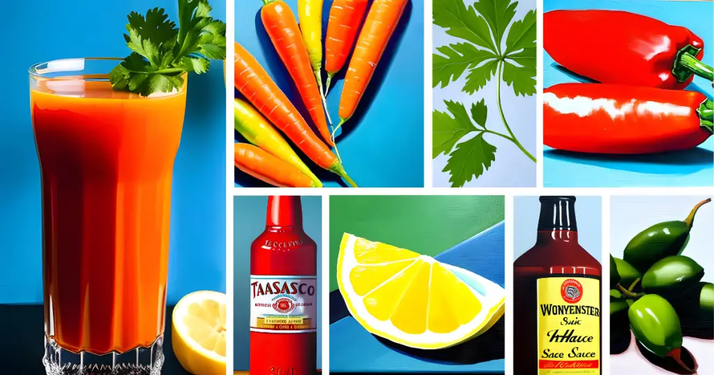 Stylized collage of a Bunny Mary, alcohol-free Carrot Bloody Mary, and its ingredients: carrots, Tabasco, lemon, parsley, Worcestershire sauce, caperberries and cayenne pepper.