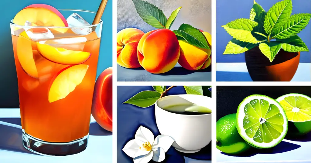 A stylized collage of a Voluptuous Peach and Jasmine Iced Tea and its ingredients: peaches, jasmine tea, lime and mint.