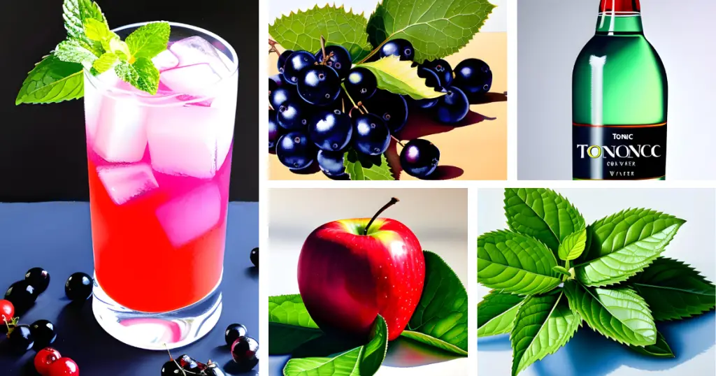 Stylized collage of a 'Tidal Currant', Blackcurrant, Apple, and Mint Tonic and its ingredients: blackcurrants, apple, mint and tonic water.