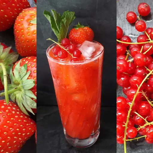 Photo of a Berry Superstitious, strawberry, redcurrant, and vanilla cooler bordered with photos of strawberries and redcurrants.